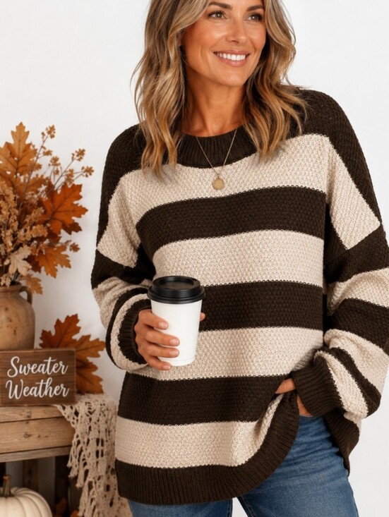 Zenana Outfitters Sweaters - Zenana Brown Cream Striped Knit Sweater Large Long Sleeve Oversized Coastal